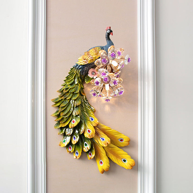 Peacock Bedroom Wall Mounted Lamp Rural Resin 2 Lights White/Green/Gold Wall Lighting Idea with Floral Crystal Ball Decor, Left/Right Clearhalo 'Wall Lamps & Sconces' 'Wall Lights' Lighting' 1713060