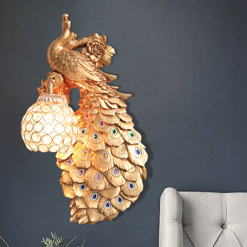 Clear Beveled Crystal Ball Sconce Rustic Single Bulb Hallway Wall Mounted Light with Peacock and Rose Decor in White/Blue/Green, Left/Right Clearhalo 'Wall Lamps & Sconces' 'Wall Lights' Lighting' 1713122