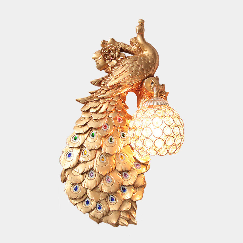 Clear Beveled Crystal Ball Sconce Rustic Single Bulb Hallway Wall Mounted Light with Peacock and Rose Decor in White/Blue/Green, Left/Right Clearhalo 'Wall Lamps & Sconces' 'Wall Lights' Lighting' 1713141