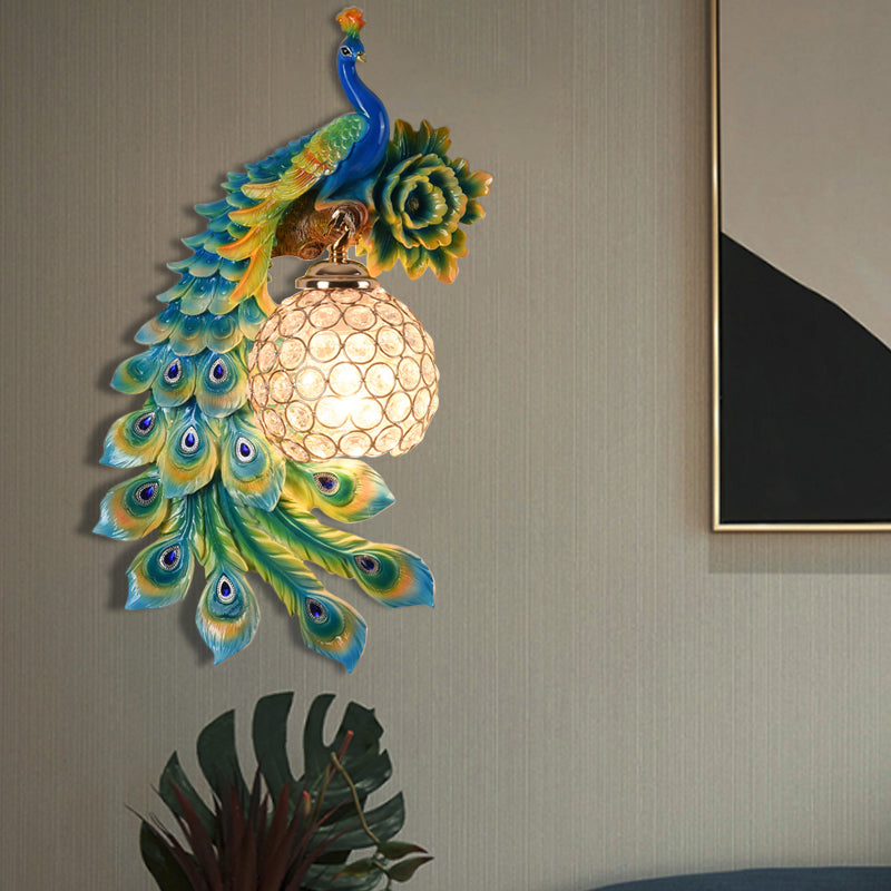 Resin Flower and Peacock Wall Lamp Warehouse 1-Head Dining Room Wall Mounted Fixture with Clear K9 Crystal Shade in White/Yellow/Orange, Left/Right Clearhalo 'Wall Lamps & Sconces' 'Wall Lights' Lighting' 1713206