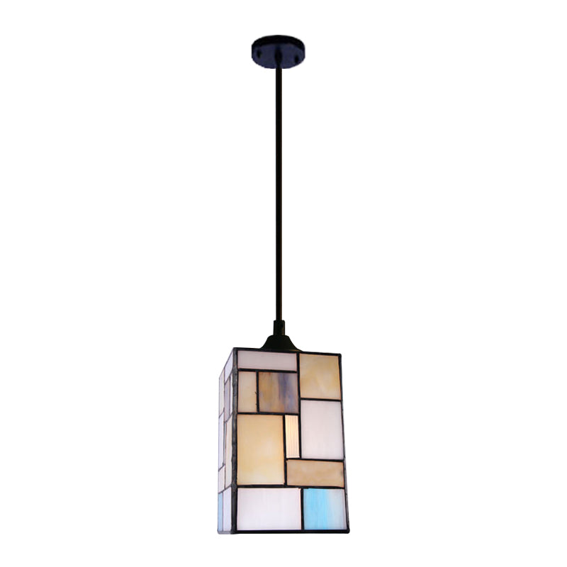 Stainless Glass Rectangular Hanging Lamp Tiffany Stylish 1 Head Blue Suspension Light for Corridor, 4.5