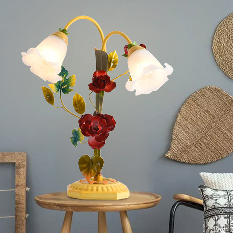 Frosted Glass Yellow Table Lamp Flower Single Bulb Antique Rose Night Light with Arched Arm Clearhalo 'Lamps' 'Table Lamps' Lighting' 1713229