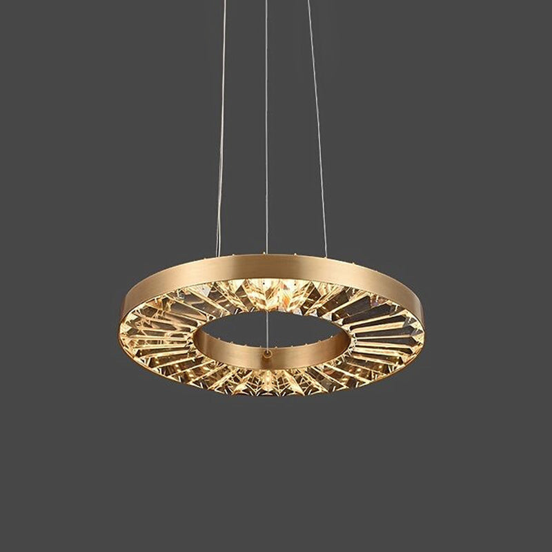 Retro LED Hanging Lamp Kit Gold Circle Suspension Lighting with Prismatic Crystal Shade in Warm/Natural Light Clearhalo 'Ceiling Lights' 'Modern Pendants' 'Modern' 'Pendant Lights' 'Pendants' Lighting' 1713702