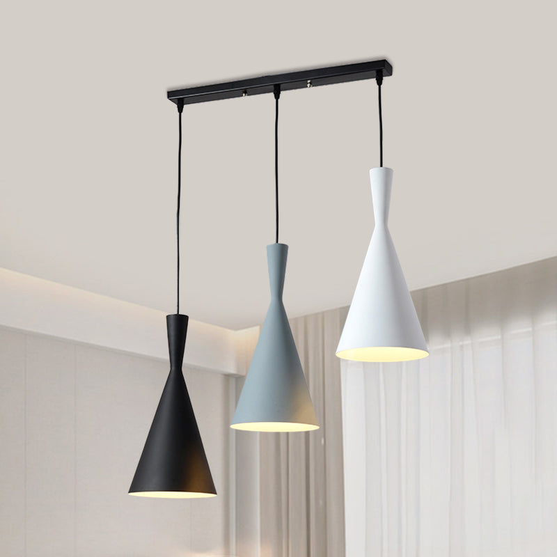 Flared Metallic Pendant Light Contemporary 3-Head Black Hanging Lamp Kit with Round/Rectangle Canopy Black Linear Clearhalo 'Ceiling Lights' 'Modern Pendants' 'Modern' 'Pendant Lights' 'Pendants' Lighting' 1713733