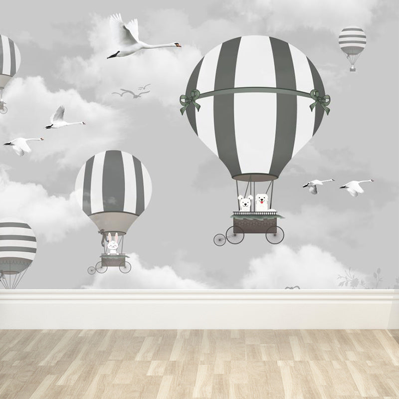 Rabbit Hot Air Balloon Mural Cartoon Non-Woven Fabric Wall Decor in Grey for Kids Room Clearhalo 'Wall Decor' 'Wall Mural' 1713820