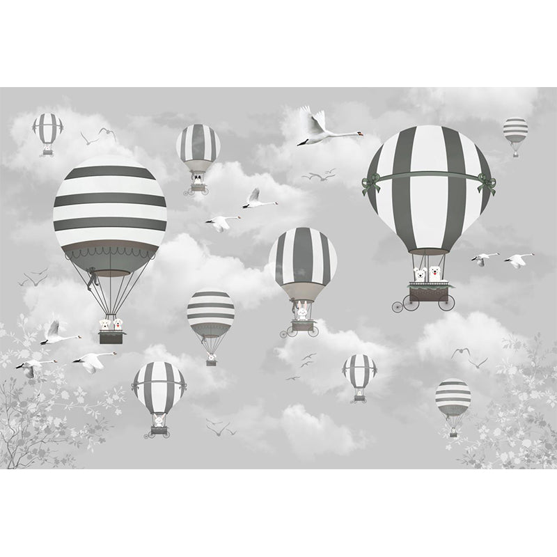 Rabbit Hot Air Balloon Mural Cartoon Non-Woven Fabric Wall Decor in Grey for Kids Room Clearhalo 'Wall Decor' 'Wall Mural' 1713822