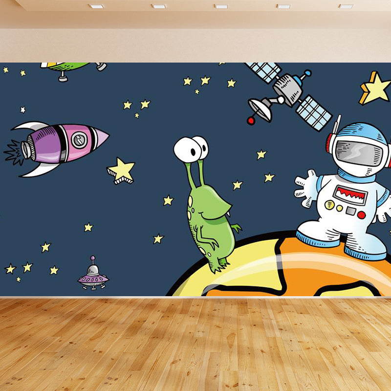 Cartoon Outer Space Wallpaper Mural Dark Blue Astronaut and Aeroboat Print Wall Covering Clearhalo 'Wall Decor' 'Wall Mural' 1713826