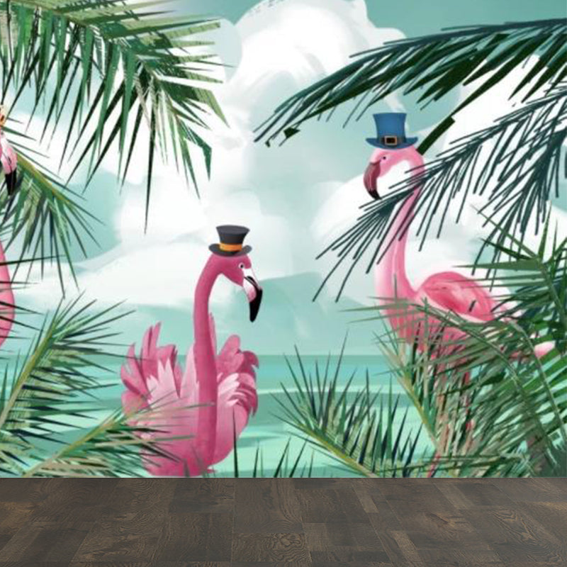 Flamingo and Palm Leaf Mural Kids Stain Resistant Living Room Wall Decor, Custom Print Clearhalo 'Wall Decor' 'Wall Mural' 1713835