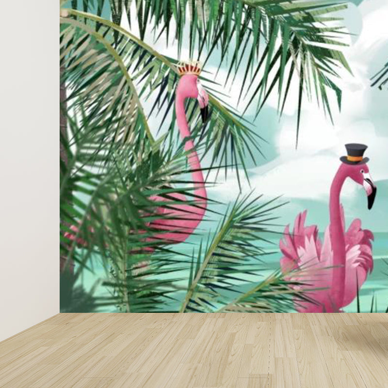 Flamingo and Palm Leaf Mural Kids Stain Resistant Living Room Wall Decor, Custom Print Clearhalo 'Wall Decor' 'Wall Mural' 1713836