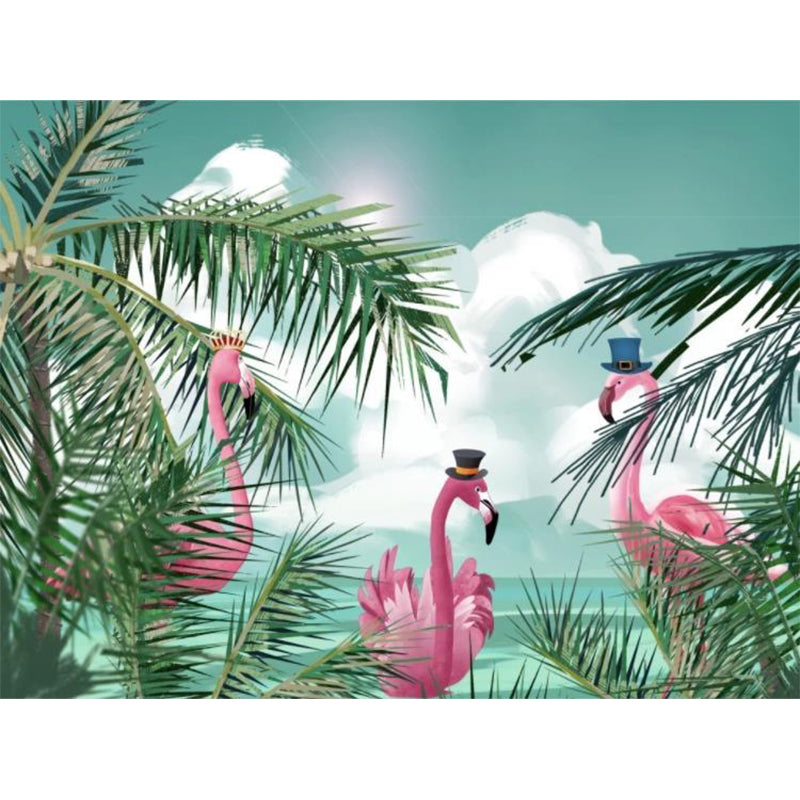 Flamingo and Palm Leaf Mural Kids Stain Resistant Living Room Wall Decor, Custom Print Clearhalo 'Wall Decor' 'Wall Mural' 1713837