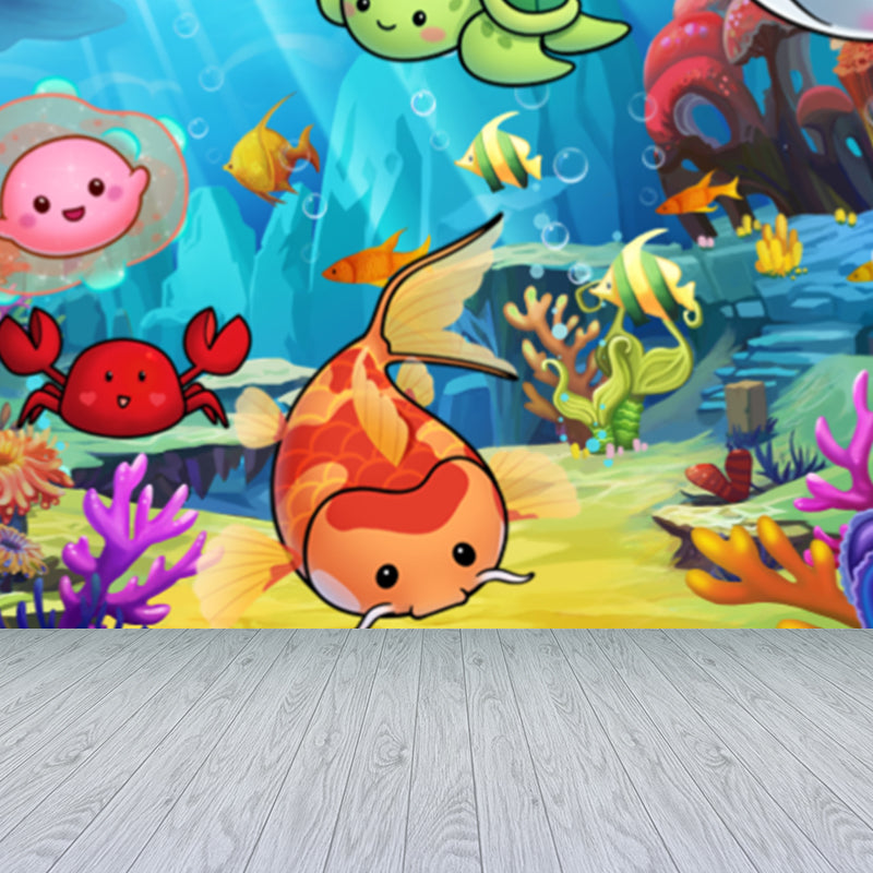 Cute Undersea Animals Mural Wallpaper Blue Non-Woven Wall Covering for Decor, Custom Size Clearhalo 'Wall Decor' 'Wall Mural' 1713841