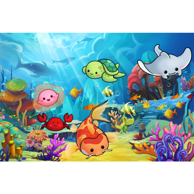 Cute Undersea Animals Mural Wallpaper Blue Non-Woven Wall Covering for Decor, Custom Size Clearhalo 'Wall Decor' 'Wall Mural' 1713842