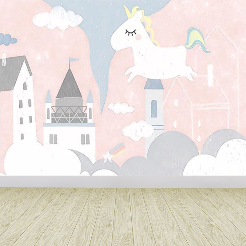 Light Pink Cartoon Mural Decal Large Castle and Unicorn Wall Art for Childrens Bedroom Light Pink Clearhalo 'Wall Decor' 'Wall Mural' 1713844