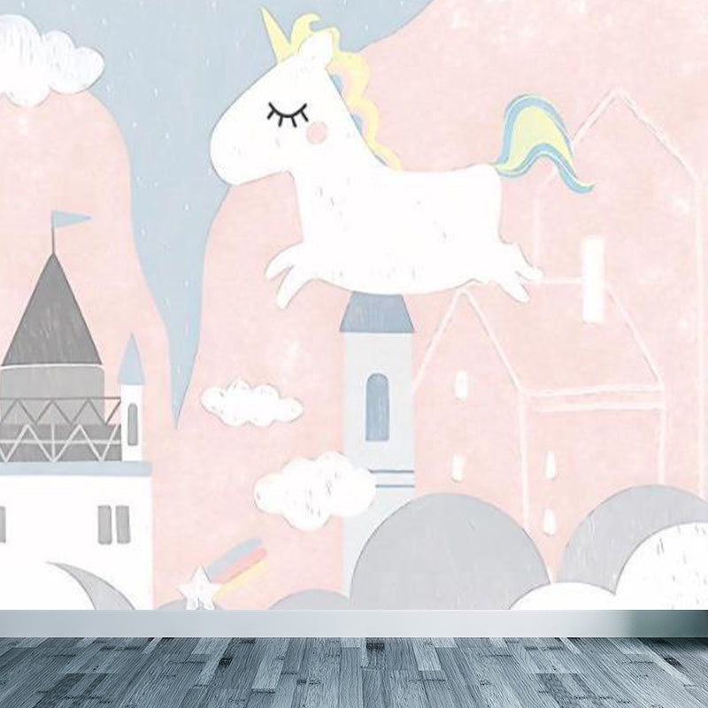 Light Pink Cartoon Mural Decal Large Castle and Unicorn Wall Art for Childrens Bedroom Clearhalo 'Wall Decor' 'Wall Mural' 1713845