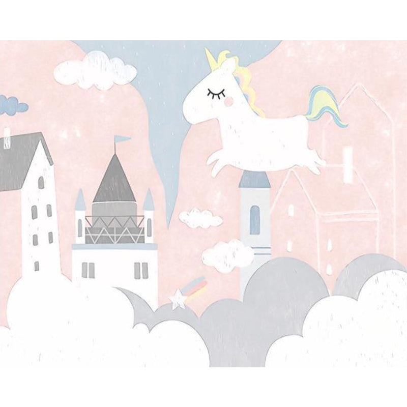 Light Pink Cartoon Mural Decal Large Castle and Unicorn Wall Art for Childrens Bedroom Clearhalo 'Wall Decor' 'Wall Mural' 1713847