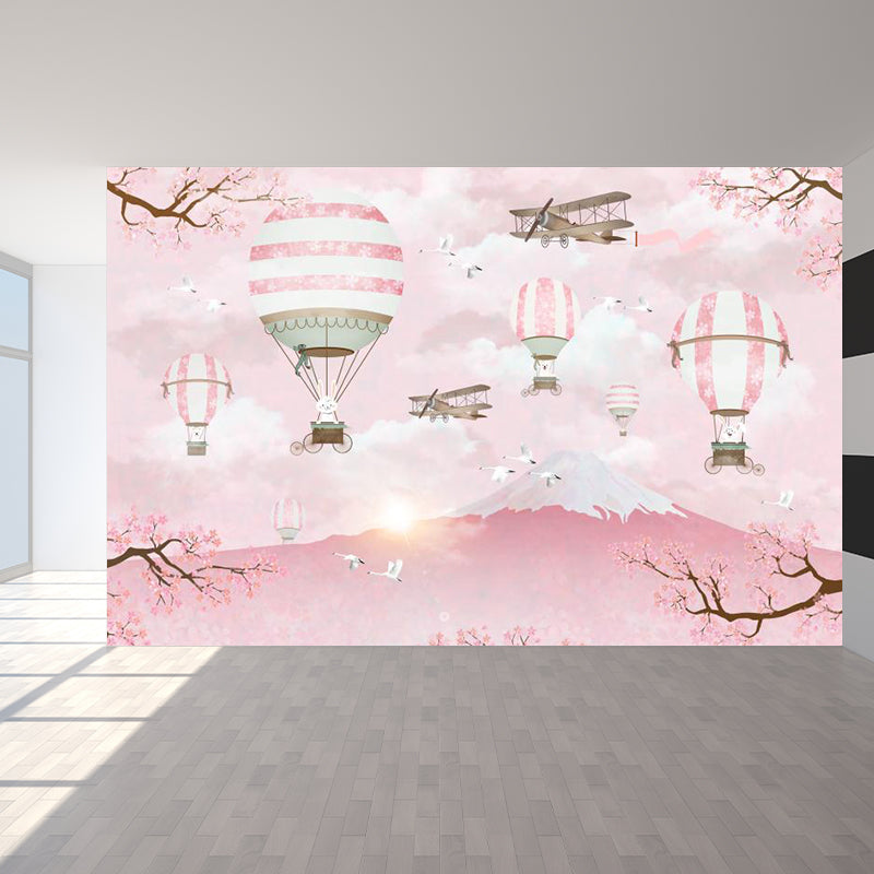 Pink Rabbits Balloon Trip Mural Mount Fuji Cherry Blossom Cartoon Washable Wall Decor Pink Clearhalo 'Wall Decor' 'Wall Mural' 1713859