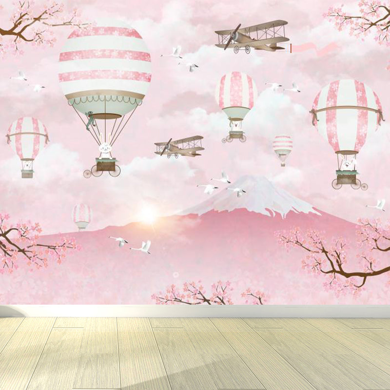 Pink Rabbits Balloon Trip Mural Mount Fuji Cherry Blossom Cartoon Washable Wall Decor Clearhalo 'Wall Decor' 'Wall Mural' 1713860