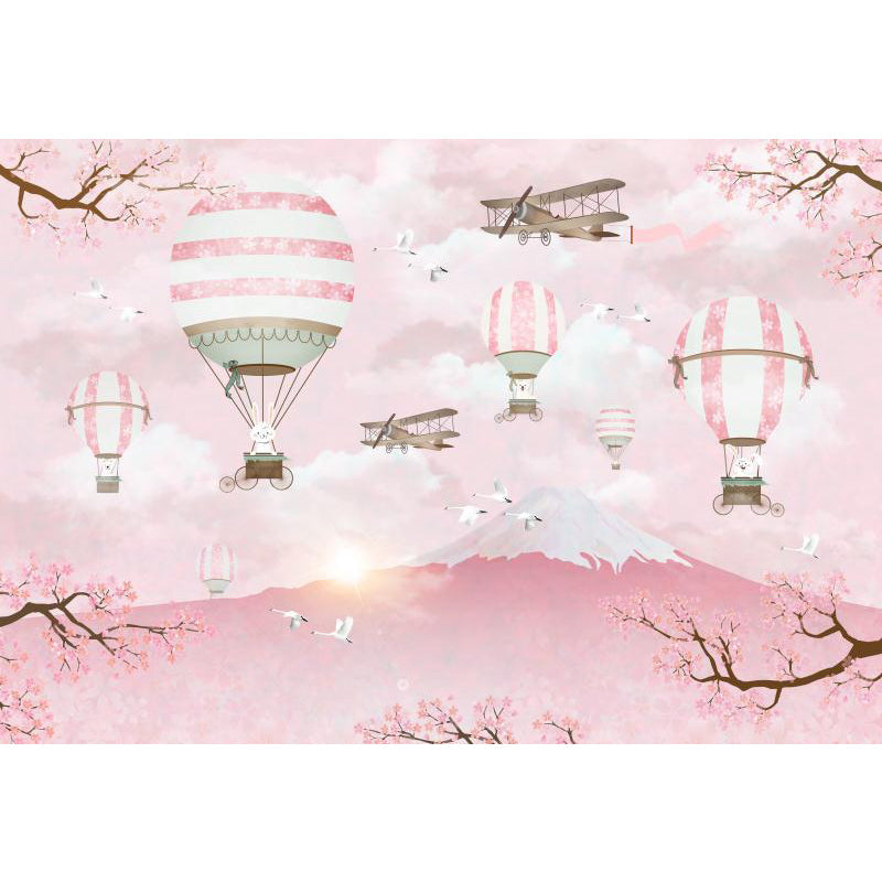 Pink Rabbits Balloon Trip Mural Mount Fuji Cherry Blossom Cartoon Washable Wall Decor Clearhalo 'Wall Decor' 'Wall Mural' 1713862