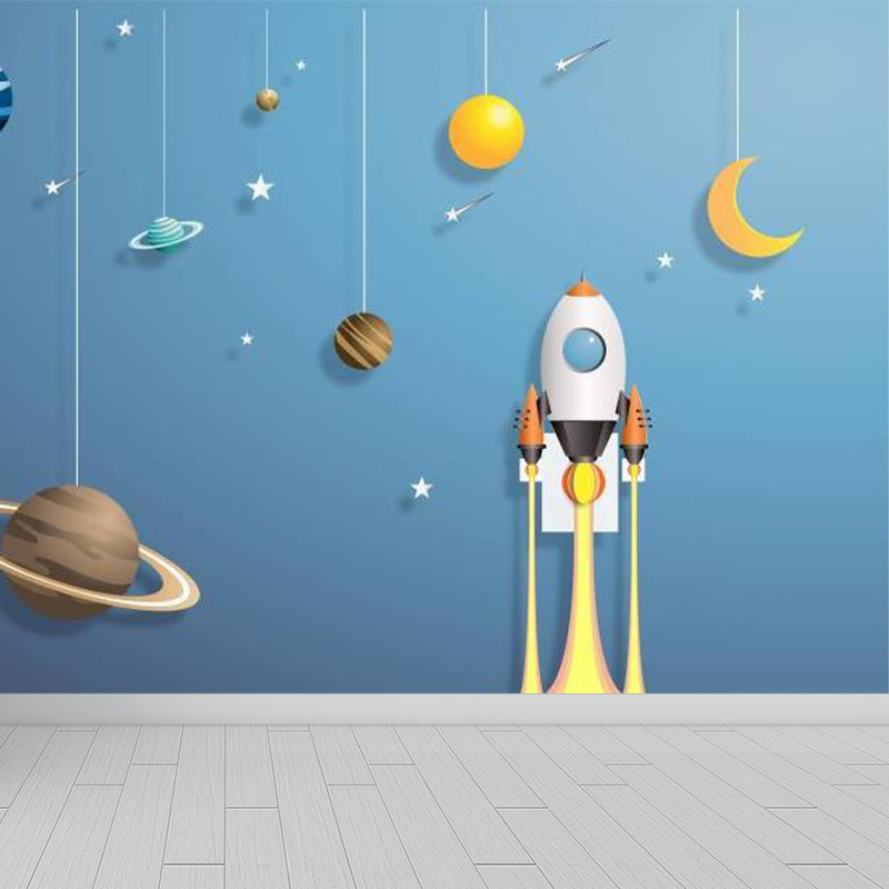 Kids Suspended Planets Wallpaper Mural Blue Outer Space Wall Art for Boys Bedroom Blue Clearhalo 'Wall Decor' 'Wall Mural' 1713884