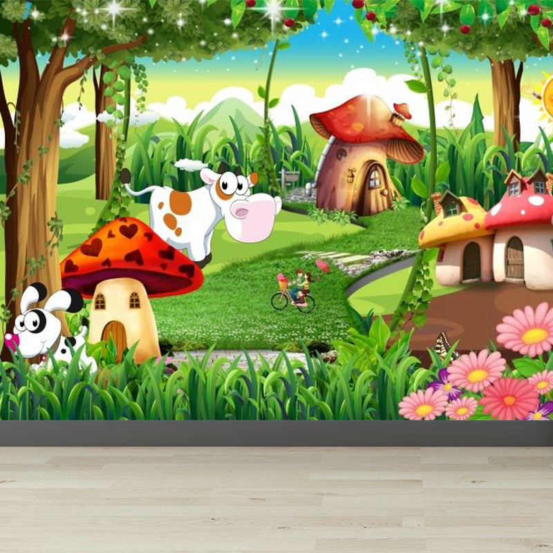 Forest Mushroom Houses Mural Wallpaper Green Cartoon Wall Decor for Child Bedroom Green Clearhalo 'Wall Decor' 'Wall Mural' 1713904