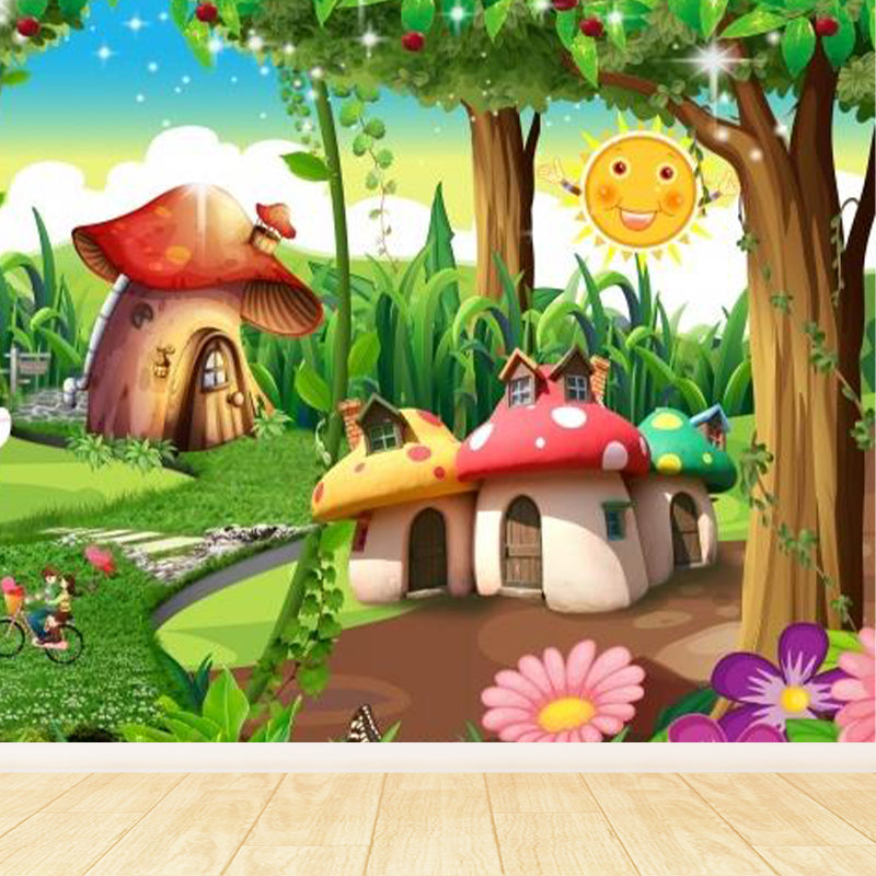 Forest Mushroom Houses Mural Wallpaper Green Cartoon Wall Decor for Child Bedroom Clearhalo 'Wall Decor' 'Wall Mural' 1713905