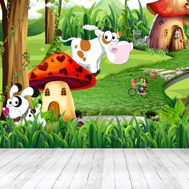 Forest Mushroom Houses Mural Wallpaper Green Cartoon Wall Decor for Child Bedroom Clearhalo 'Wall Decor' 'Wall Mural' 1713906