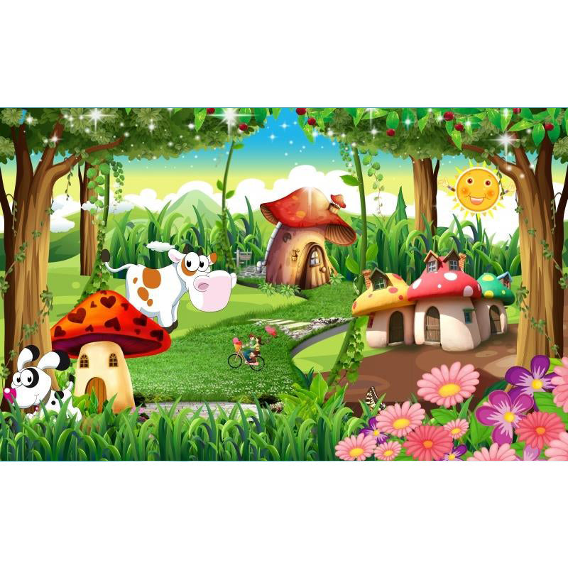 Forest Mushroom Houses Mural Wallpaper Green Cartoon Wall Decor for Child Bedroom Clearhalo 'Wall Decor' 'Wall Mural' 1713907