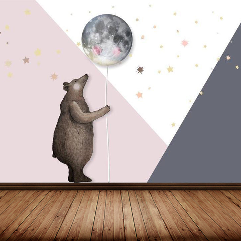 Bear with Moon Balloon Mural Decal Cartoon Non-Woven Cloth Wall Art in Pink for Nursery Pink Clearhalo 'Wall Decor' 'Wall Mural' 1713929