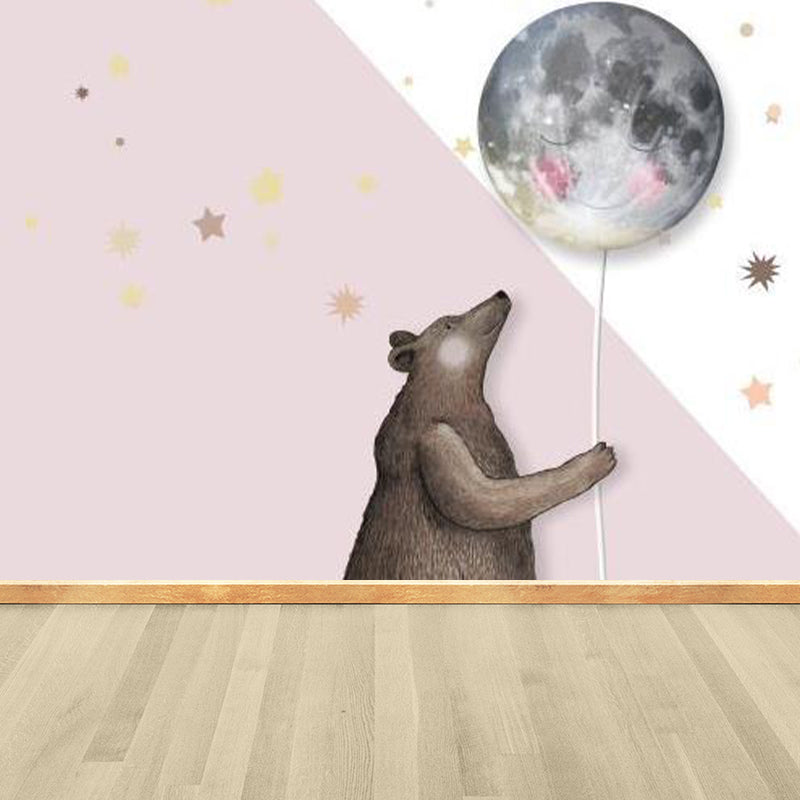 Bear with Moon Balloon Mural Decal Cartoon Non-Woven Cloth Wall Art in Pink for Nursery Clearhalo 'Wall Decor' 'Wall Mural' 1713930