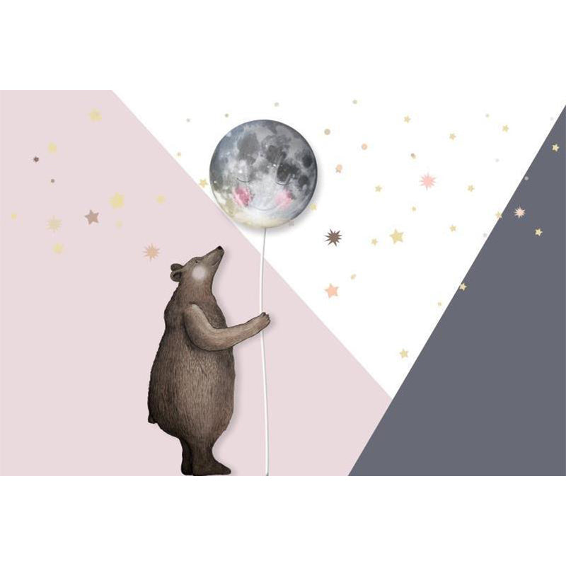 Bear with Moon Balloon Mural Decal Cartoon Non-Woven Cloth Wall Art in Pink for Nursery Clearhalo 'Wall Decor' 'Wall Mural' 1713932