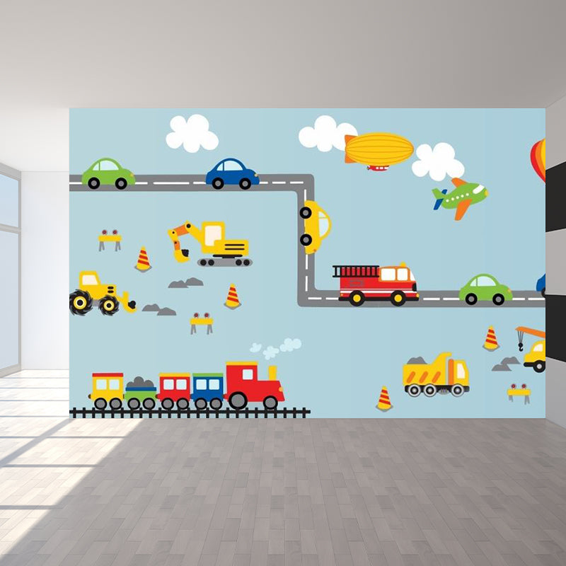 Cartoon Transportation Mural Wallpaper Blue Vehicles Pattern Wall Covering for Room Clearhalo 'Wall Decor' 'Wall Mural' 1713946