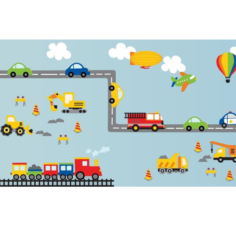 Cartoon Transportation Mural Wallpaper Blue Vehicles Pattern Wall Covering for Room Clearhalo 'Wall Decor' 'Wall Mural' 1713947