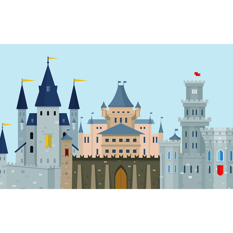 Blue Castle Mural Wallpaper Building Cartoon Waterproofing Wall Art for Kids Room Clearhalo 'Wall Decor' 'Wall Mural' 1713967