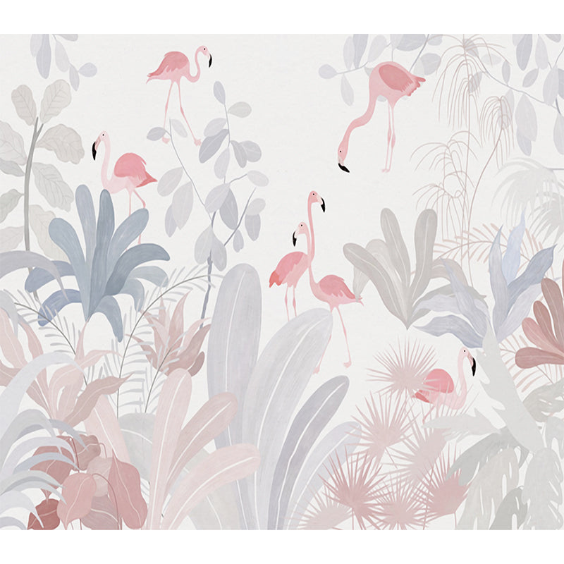 Illustration Style Flamingos Mural Decal for Guest Room, Pink, Custom Size Available Clearhalo 'Wall Decor' 'Wall Mural' 1714197