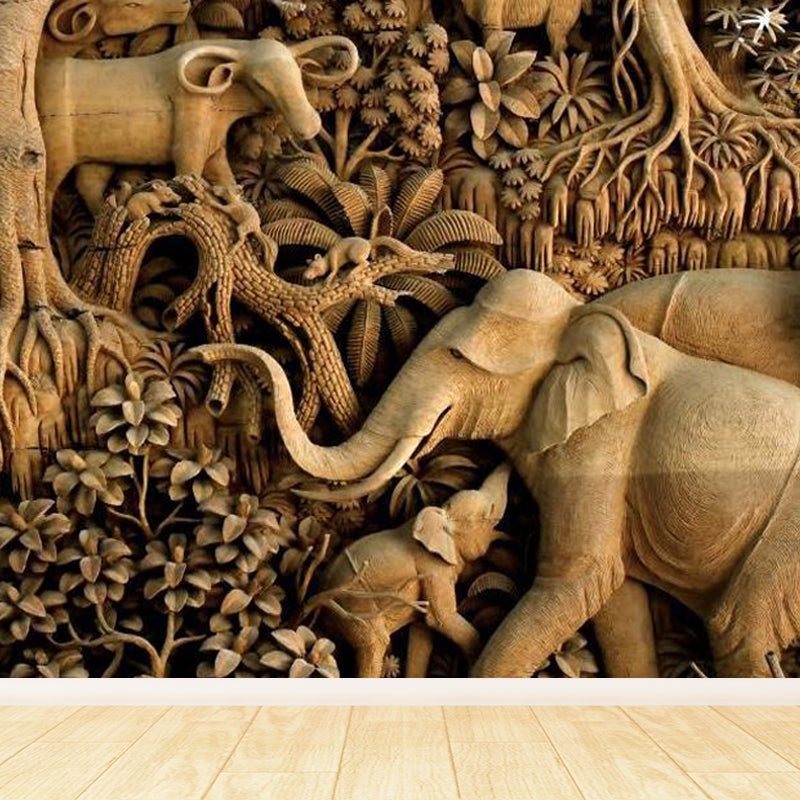 Yellow Elephant and Botanical Mural for Decoration Tropical Living Room Wall Art Clearhalo 'Wall Decor' 'Wall Mural' 1714201