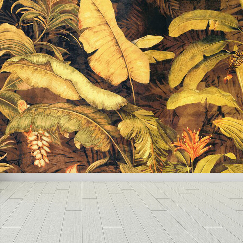 Stain-Proof Botanical Leaves Wall Mural Non-Woven Tropical Wall Art for Dining Room Light Yellow Clearhalo 'Wall Decor' 'Wall Mural' 1714214