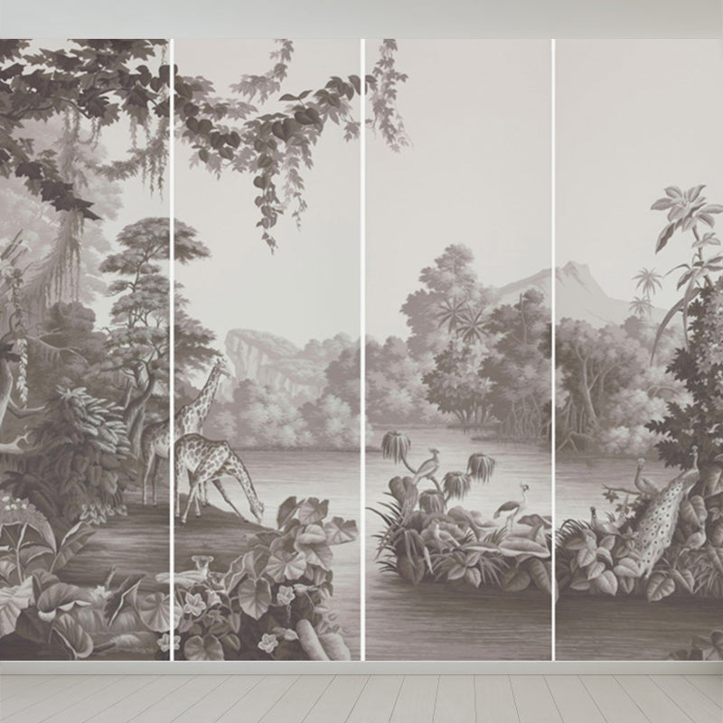 Whole Forest Scene Mural Wallpaper for Wall Decor Tropical Bedroom Wall Covering Grey Clearhalo 'Wall Decor' 'Wall Mural' 1714254