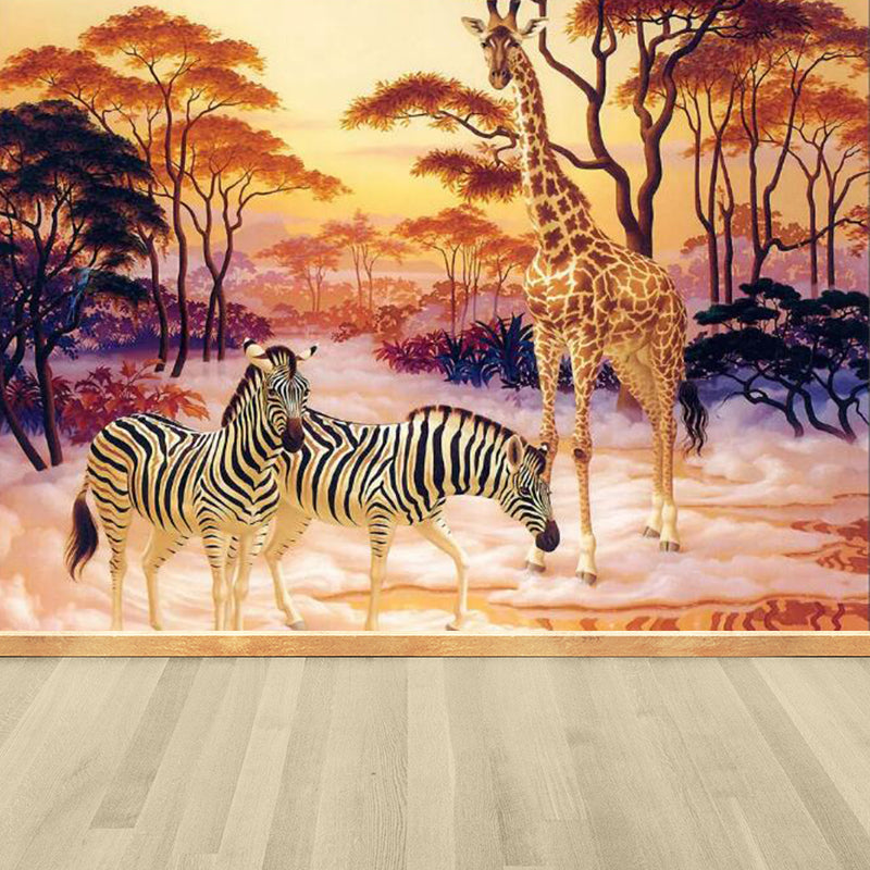 Full Size Illustration Tropical Mural with Zebra and Giraffe in Yellow, Made to Measure Yellow Clearhalo 'Wall Decor' 'Wall Mural' 1714259