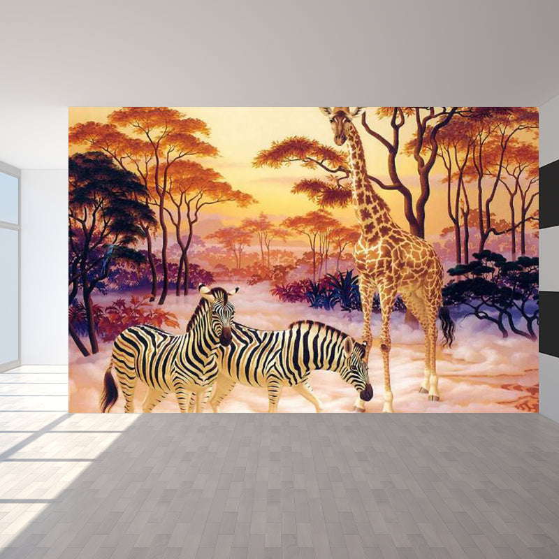 Full Size Illustration Tropical Mural with Zebra and Giraffe in Yellow, Made to Measure Clearhalo 'Wall Decor' 'Wall Mural' 1714260