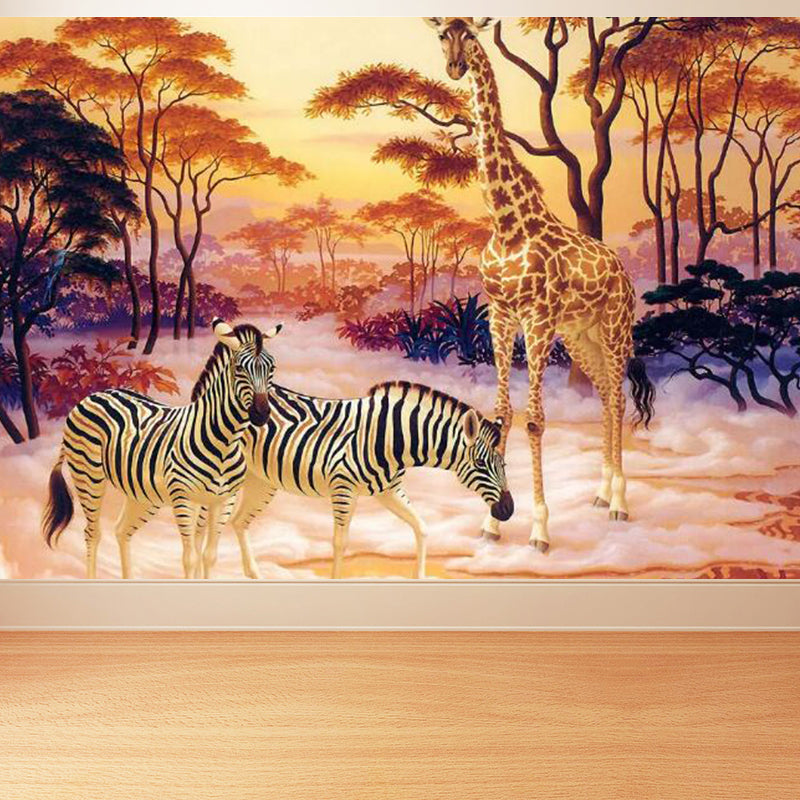 Full Size Illustration Tropical Mural with Zebra and Giraffe in Yellow, Made to Measure Clearhalo 'Wall Decor' 'Wall Mural' 1714261