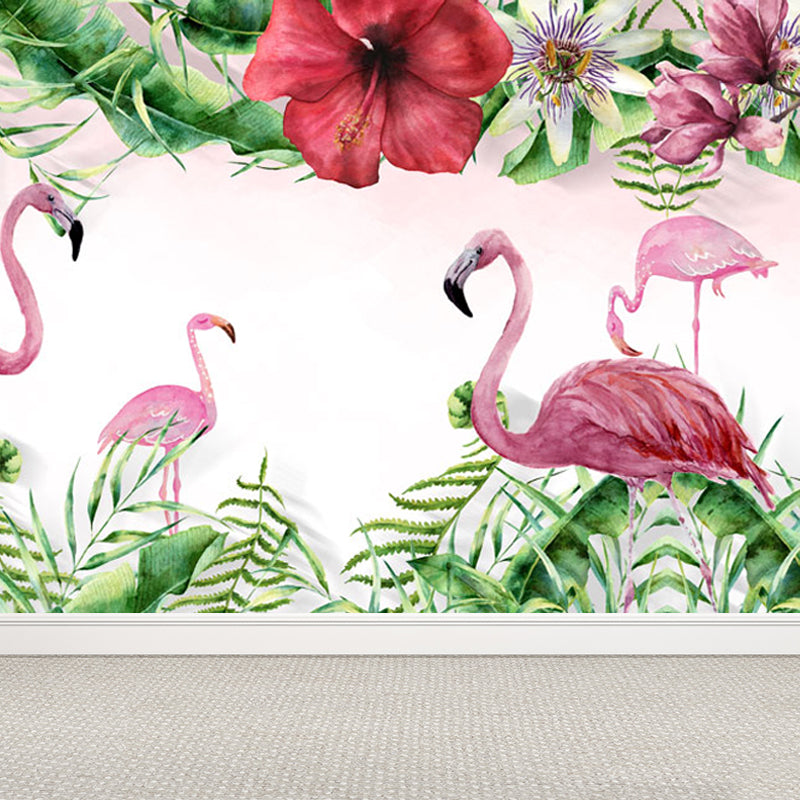 Pastel Color Flamingos Wall Mural Moisture-Proofing Tropical Bathroom Wall Covering Clearhalo 'Wall Decor' 'Wall Mural' 1714346