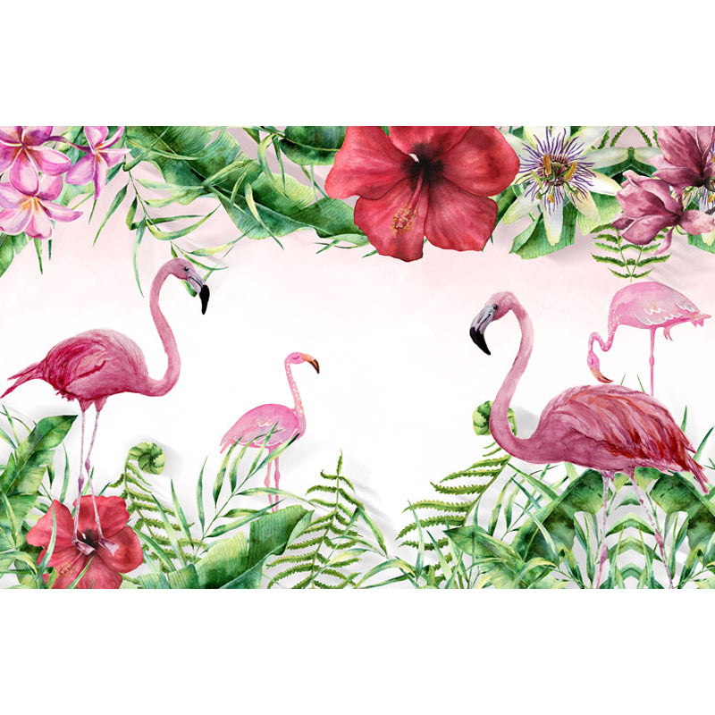 Pastel Color Flamingos Wall Mural Moisture-Proofing Tropical Bathroom Wall Covering Clearhalo 'Wall Decor' 'Wall Mural' 1714347