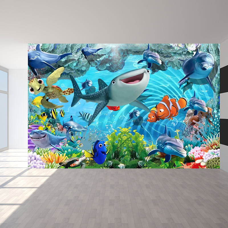 Kids Tropical Undersea Life Mural Decal Blue Moisture Resistant Wall Decor for Nursery Blue Clearhalo 'Wall Decor' 'Wall Mural' 1714539