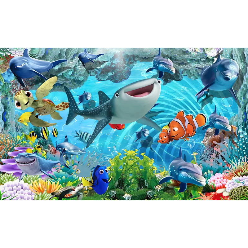 Kids Tropical Undersea Life Mural Decal Blue Moisture Resistant Wall Decor for Nursery Clearhalo 'Wall Decor' 'Wall Mural' 1714542