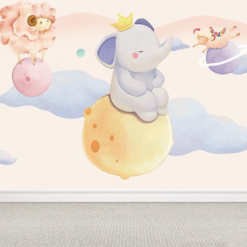 Animals in Sky Print Mural Childrens Art Water-Proof Nursery Wall Covering, Custom Size Light Pink Clearhalo 'Wall Decor' 'Wall Mural' 1714559