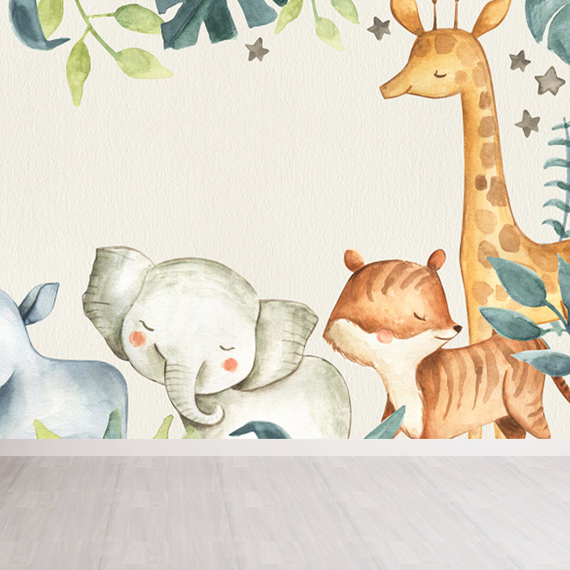 Cartoon Animals Wallpaper Mural for Baby Room Personalized Size Wall Decor in Beige Clearhalo 'Wall Decor' 'Wall Mural' 1714570