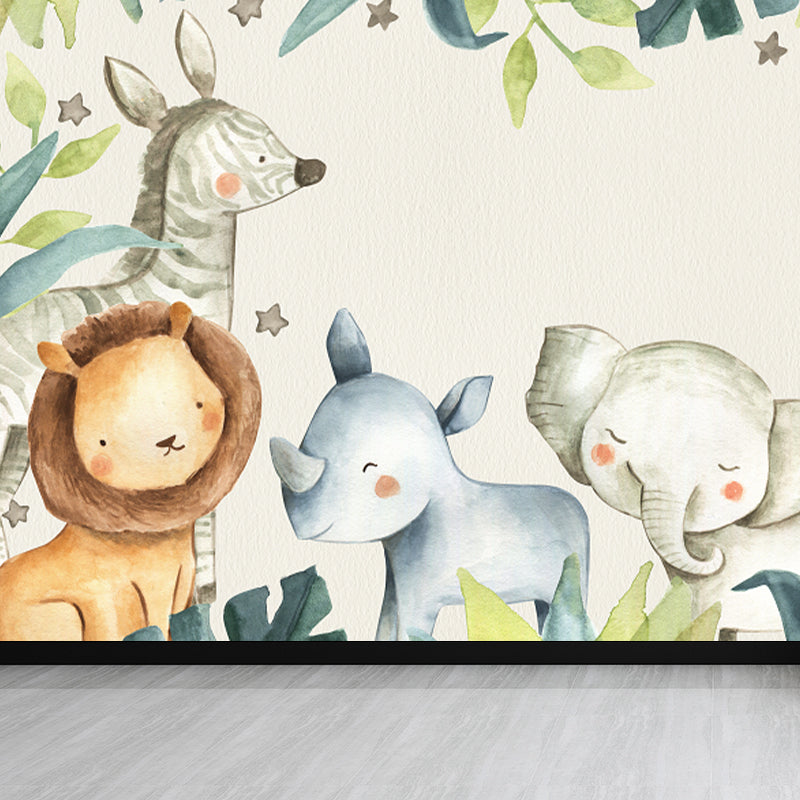 Cartoon Animals Wallpaper Mural for Baby Room Personalized Size Wall Decor in Beige Clearhalo 'Wall Decor' 'Wall Mural' 1714571