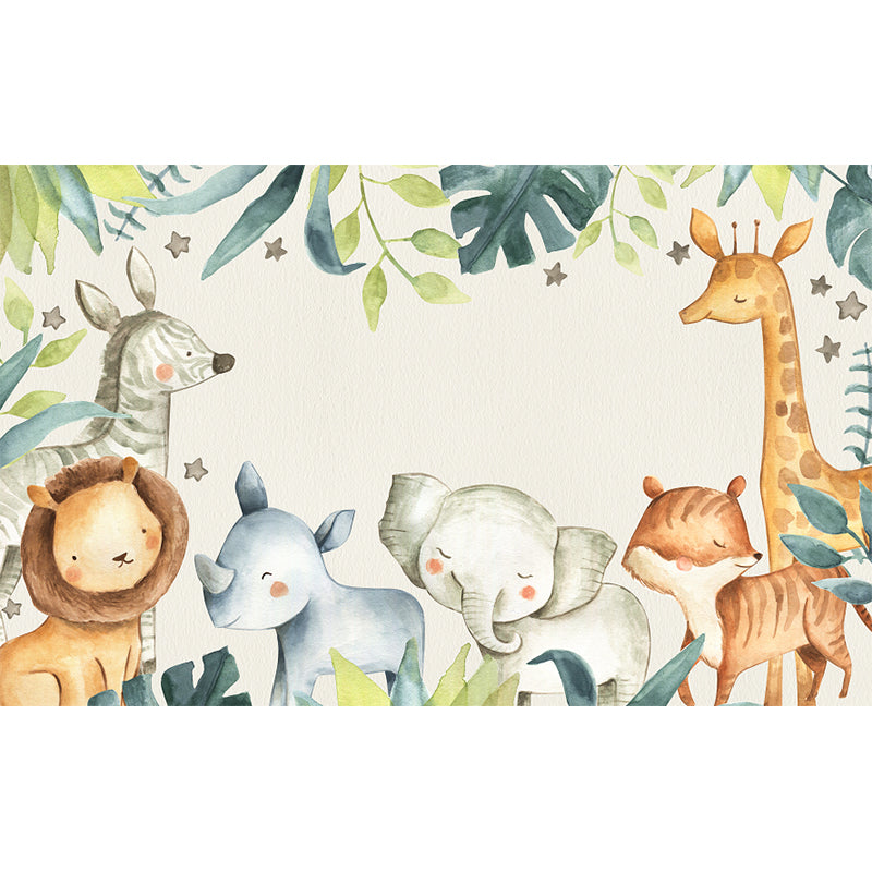 Cartoon Animals Wallpaper Mural for Baby Room Personalized Size Wall Decor in Beige Clearhalo 'Wall Decor' 'Wall Mural' 1714572