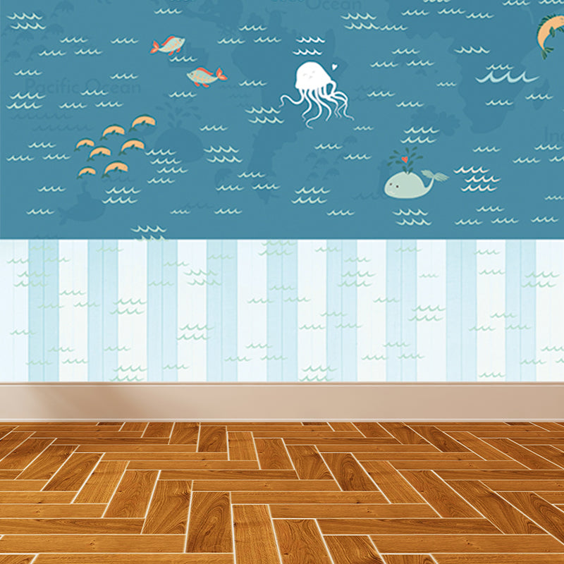 Large Nautical Mural Cartoon Imaginative Sea Life in the Sky Wall Covering in Soft Color Clearhalo 'Wall Decor' 'Wall Mural' 1714575