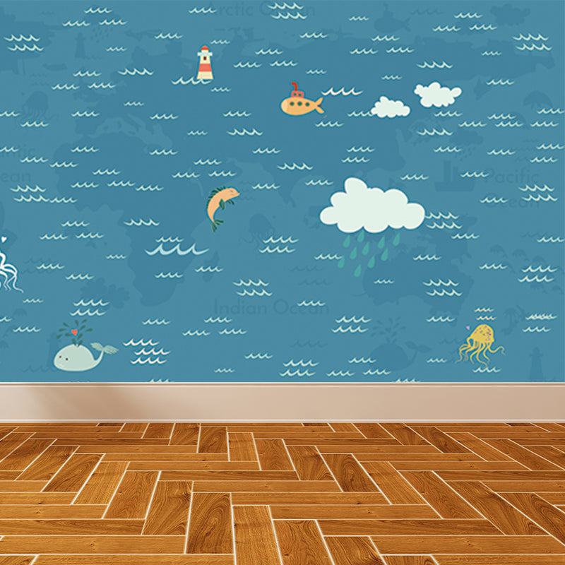 Large Nautical Mural Cartoon Imaginative Sea Life in the Sky Wall Covering in Soft Color Clearhalo 'Wall Decor' 'Wall Mural' 1714576